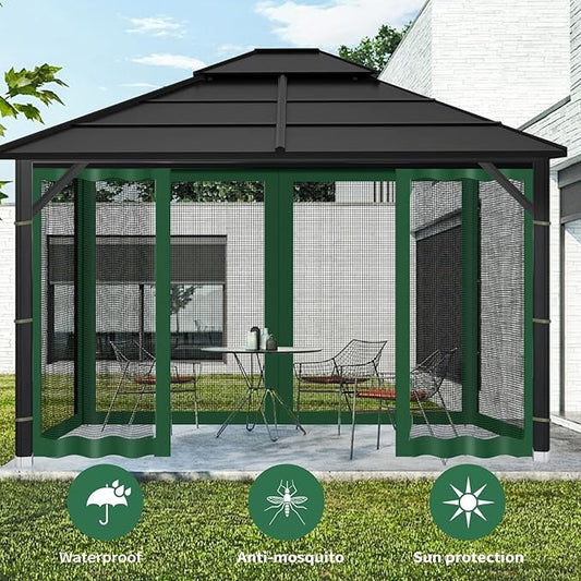 Gazebo Replacement Mosquito Netting Outdoor Universal Gazebo Canopy 4-Panels Screen Sidewalls with Zipper for Patio Garden (Green, 10x10)