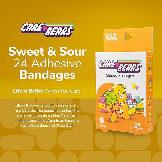 BioSwiss Care Bears Bandages, Sweet and Sour Care Bear Shaped Self Adhesive Bandage, Latex Free Sterile Wound Care, Fun First Aid Kit Supplies for Kids, 24 Count