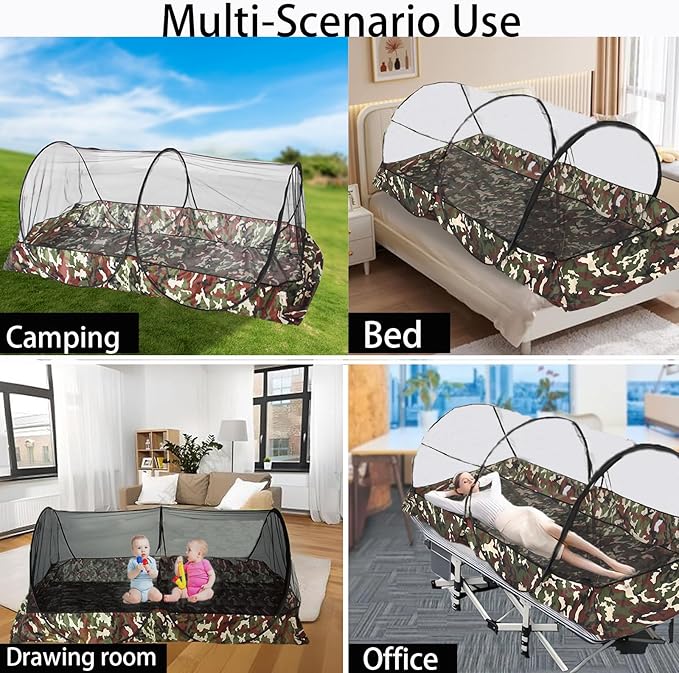 CMINGJ Portable Mosquito Net Foldable Pop-Up Travel Mosquito Net for Bed Free Installation-Suitable for Baby Adults Bedroom, Camping, nap, Patio (Extra-Large-Bottom Zipper(Black&Camouflage))