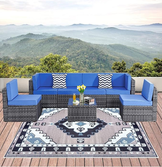 BalajeesUSA Outdoor Rug - 6x9 feet, Blue, Grey, Reversible, Portable, Duarable, Waterproof, Plastic straw patio rugs, Large RV camper mat 140