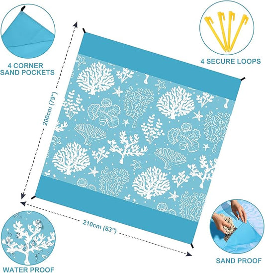 Beach Blanket Sandproof Extra Large Beach Mat Adults Waterproof Quick Drying Sand Free Mat Made by Premium Polyester with 4 Stakes & 4 Corner Pockets for Outdoor Travel Camping Hiking