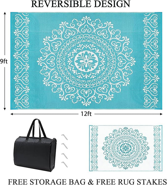 Pauwer Waterproof Outdoor Rug 9x12, Reversible Plastic Straw Patio Camping Rug, Indoor Outdoor RV Mat Carpet for Deck, Camper, Porch, Balcony, Backyard, Picnic, Floral Teal