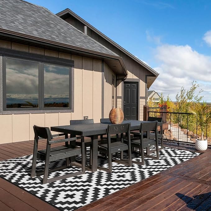 Outdoor Patio Plastic Straw Rug - 9'x18' Outdoor Camping Rug Waterproof Reversible, Area Carpet Patios Clearance RV, Outside Porch Balcony Deck for Camper, Black & White