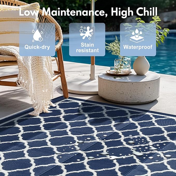 Waterproof Outdoor Rug 9x12 ft, Reversible Plastic Straw Rug, Easy to Clean Patio Rug, Portable Carpet for Patio, RV, Deck, Balcony, Backyard, Picnic, Beach, Clover, Navy Blue
