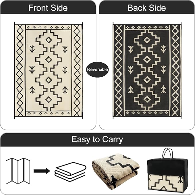 Uphome Outdoor Rugs 8x10 Waterproof, Reversible Tan Boho RV Camping Rug, Patio Plastic Straw Outside Rug, Large Foldable Outdoor Mat Carpet for Backyard Deck Pool Balcony Picnic Beach, 8'x10'