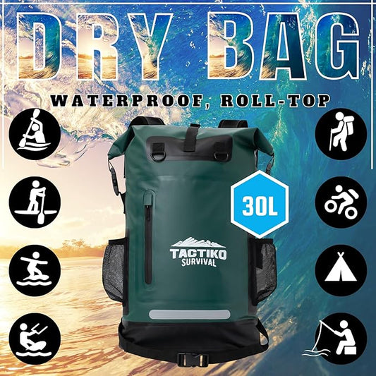 TACTIKO 30L Heavy-Duty 100% Waterproof Backpack, Roll Top Dry Bags for Kayaking, Hiking, Camping, Survival