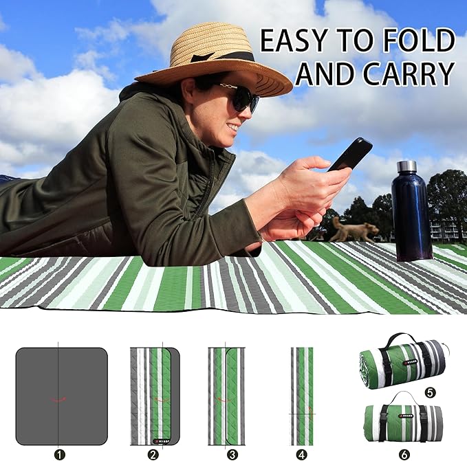 HX&OD Large Picnic Blanket Outdoor 80”x60” Waterproof Picnic Mat Foldable 3-Layer Camping Blanket Portable with Carry Strap Park Blanket for Grass(Green)