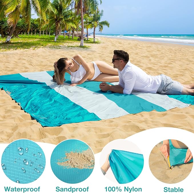 BYDOLL Nylon Beach Blanket Waterproof Sandproof Oversized 7'x7' Suits 1-5 Adults Sand Free Extra Large Blanket Lightweight Soft Picnic Mat for Beach Travel Camping