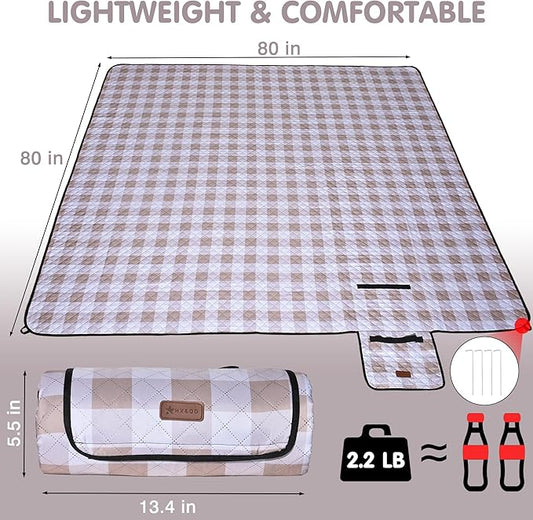 HX&OD Outdoor Picnic Blanket, Extra Large, 80''x80'' Waterproof Foldable Blankets Gingham Picnic Mat for Beach, Camping Grass Lawn Park Accessories Cute Couple Ideas Wedding (Light Brown, 80”x80”)