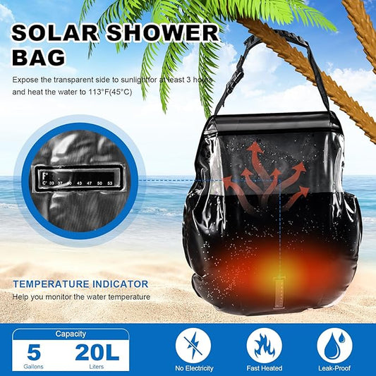 Camping Shower Bag, Solar Shower Bag 5-Gallon with Detachable Hose, Retractable Head Switch - Portable Shower for Camping Suitable for Camping, Hiking, Travel, Beach Swimming