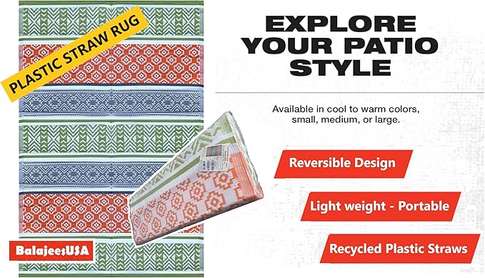 BalajeesUSA Outdoor Decor Patio Rugs – 6x9, Green, Orange Waterproof Affordable Multipurpose Woven Plastic Straw All-Weather Waterproof Rug Reversible Camper mat Awning