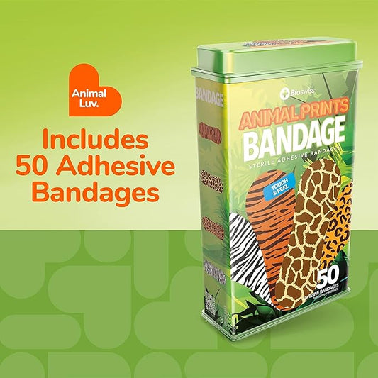 BioSwiss Bandages, Animal Print Shaped Self Adhesive Bandage, Latex Free Sterile Wound Care, 50 Count