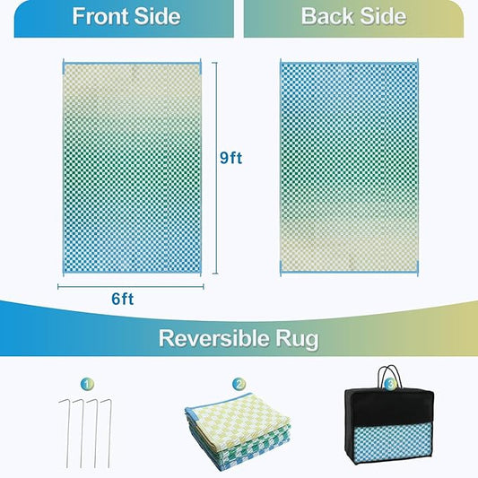 Wonnitar Waterproof Outdoor Rug 6x9 - Blue Yellow Gradient Checkered RV Camping Rug, Reversible Plastic Straw Patio Mat for Poolside Deck, Portable Lightweight Colorful Outdoor Carpet