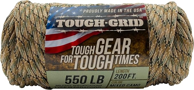 TOUGH-GRID Premium Mixed Camo Paracord 550 lbs Made in USA Outdoor Survival Nylon Rope Tactical Heavy Duty Strands Parachute Cord Used by US Military Type III Mil-Spec
