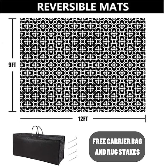 RV Outdoor Rug Waterproof Mat Outdoor Rugs 9'x12' for Patios Clearance Carpet Outdoor Camping Rugs Large Plastic Straw Rug(9x12ft Clover Black&White)