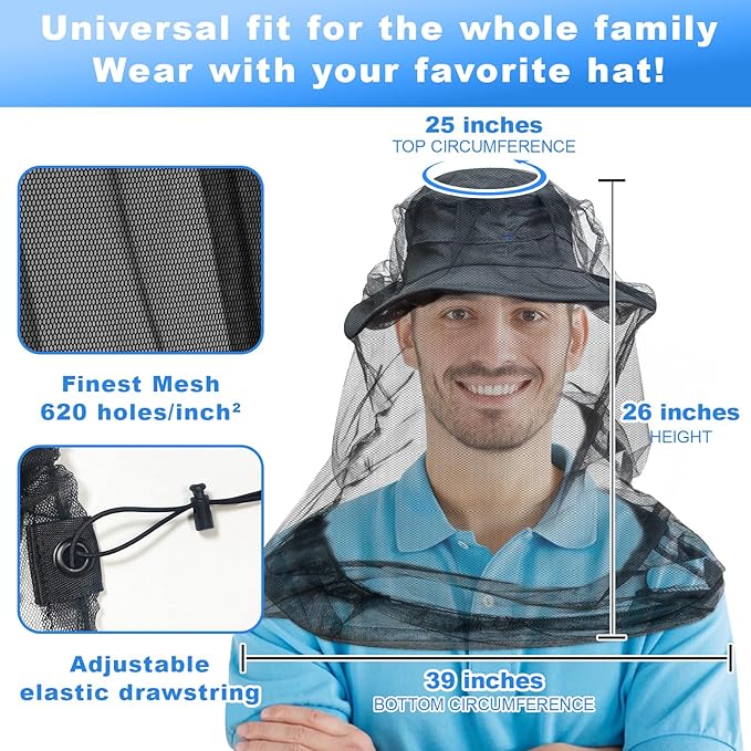 South to East Premium Mosquito Head Net for Insect, 2 Pack, Fly & Bug Protection | Ultra Large & Long, Extra Fine Holes for Camping, Hiking, Fishing, Gardening, Safari, Fits All Hats for Men & Women