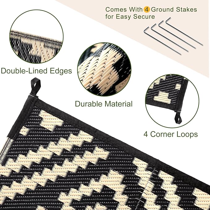 OPPODREAM Outdoor Rug 8x10 Patio Waterproof, Large Outdoor Plastic Straw Rug, Reversible Out Door Carpet Camping Essentials, Deck, Rv, 8 x 10 Area Carpet for Balcony, Porch, Backyard, Black & Beige
