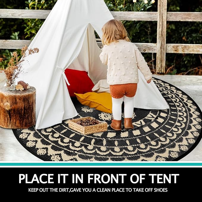 Capslpad 6Ft Round Outdoor Rug for Patio Reversible Mat Waterproof Plastic Straw Rug Boho Circle Indoor Outside Area Rug for RV Camping Picnic Pool Tent Balcony Beach Deck Doormats Decor, Beige