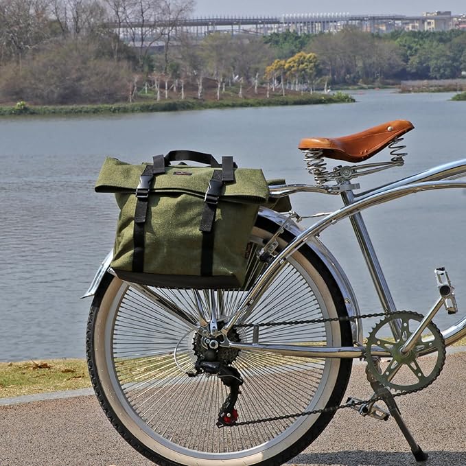 TOURBON Nylon Double Pannier Shoulder Bags Bicycle Rear Rack Trunk Motorcycle Tail Seat Bag - Green