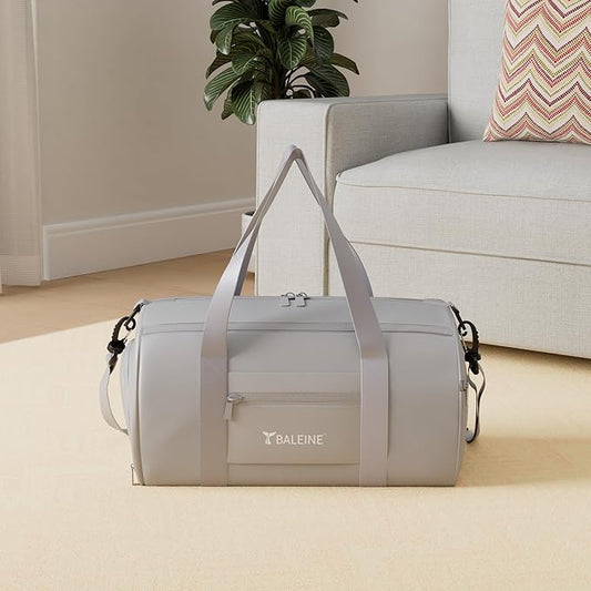 BALEINE Gym Bag for Women and Men, Small Duffel Bag for Sports, Gyms and Weekend Getaway, Waterproof Dufflebag with Shoe and Wet Clothes Compartments, Lightweight Carryon Gymbag (Silver)