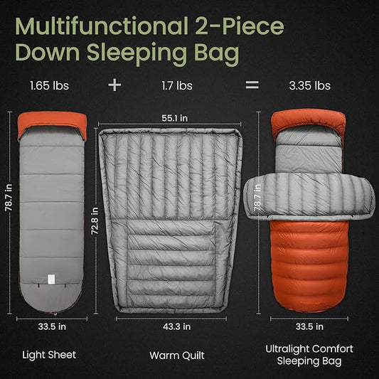 ATEPA Down Sleeping Bag, Recycled 650FP 4 Season Summer & Winter Compact Rectangle Lightweight Waterproof Wearable Sleeping Bag with Compression Sack for Camping Backpacking Hiking