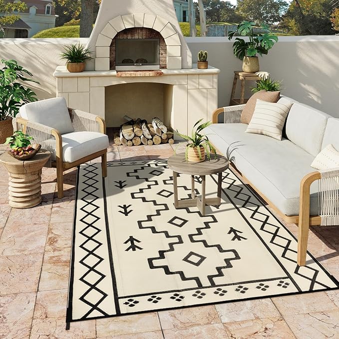 Uphome Outdoor Rug Mat Waterproof 5x8 ft, Reversible Outdoor Plastic Straw Rug, Tan Boho Patio Rug, Foldable RV Camping Rug, Indoor Outdoor Area Rug for Backyard Deck Pool Balcony Picnic, 5'x8'