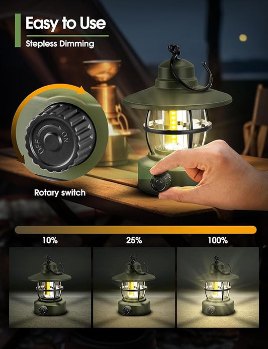 Camping Lantern Rechargeable Battery Powered 【2 Pack】, Camping Gear Must Haves, Camping Accessories, Retro Camping Light Waterproof Hanging LED Tent Lamp for Outdoor Hiking Fishing (Dark Green)