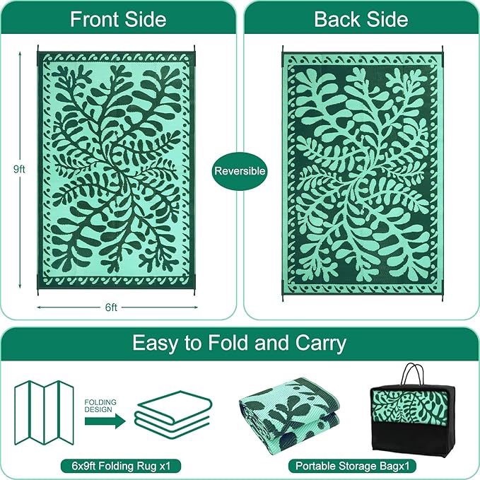 Anidaroel Outdoor Rugs 6x9 for Patios Clearance, Waterproof Reversible Plastic Straw Outside Area Rugs, Outdoor Camping Mat for RV, Porch, Balcony, Pool Deck, Picnic (Green,6‘x9')
