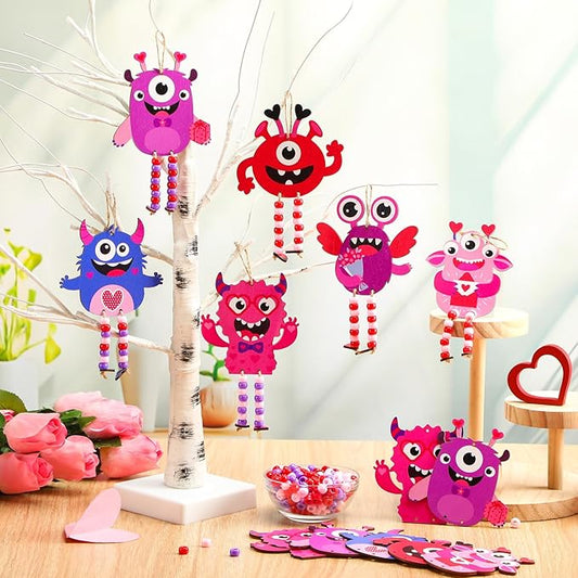 24 Sets Valentine's Day Crafts Monster Sign Crafts with Beads Make Your Own Monster Wood Ornament DIY Craft Art Kit for Holiday Party Favors Activities Decor Gift Exchange