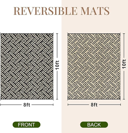 OPPODREAM Outdoor Rug 8x10 Patio Waterproof, Large Outdoor Plastic Straw Rug, Reversible Out Door Carpet Camping Essentials, Deck, Rv, 8 x 10 Area Carpet for Balcony, Porch, Backyard, Black & Beige