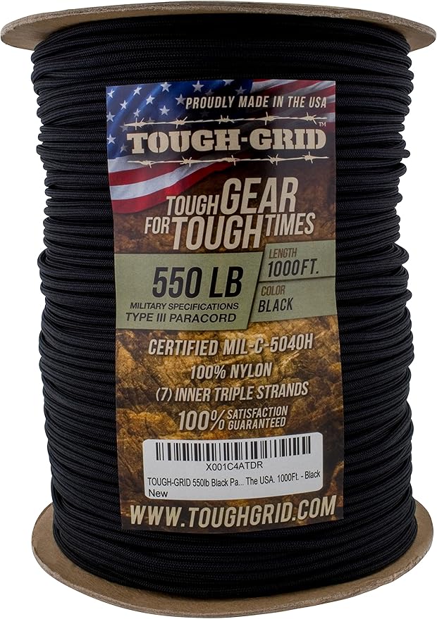 TOUGH-GRID Premium Black Paracord 550 lbs Made in USA Outdoor Survival Nylon Rope Tactical Heavy Duty Strands Parachute Cord Used by US Military Type III Mil-Spec