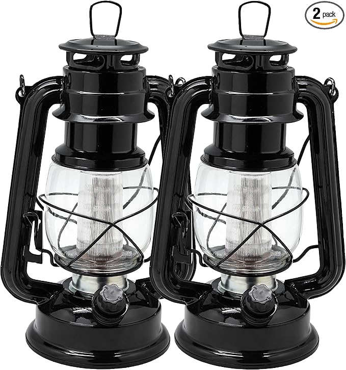 YAKii LED Vintage Lantern Metal Hanging Hurricane Lantern 12 LED Dimmer Switch Warm White Battery Operated Power Outage Indoor Camping Lighting Outdoor Brooklyn (Black 2 Pack)
