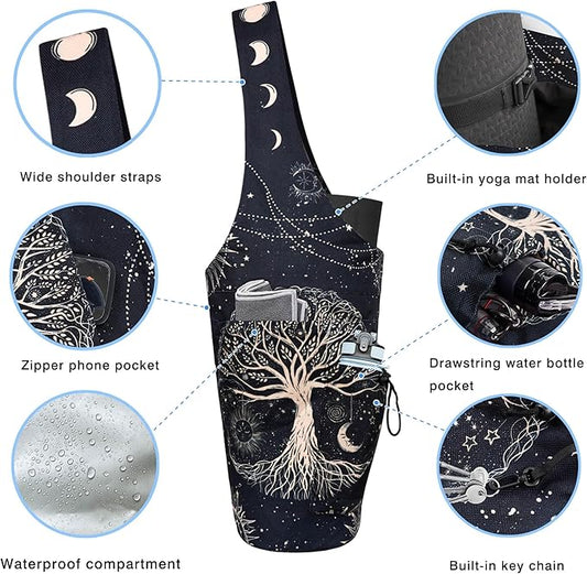 Yoga Mat Bag - Large Opening Long Tote Yoga Mat Carrier Holder Bag with Waterproof Wet Zipper Pocket and Drawstring Water Bottle Pocket - Yoga Bag Fit Most Size Mats