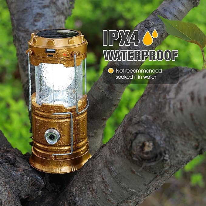 Solar Camping Lantern for Power Outages - USB Rechargeable Lamp Camping Essentials,Collapsible Waterproof Solar Lights for Indoor Outdoor Emergency Light/2 Packs/Gold