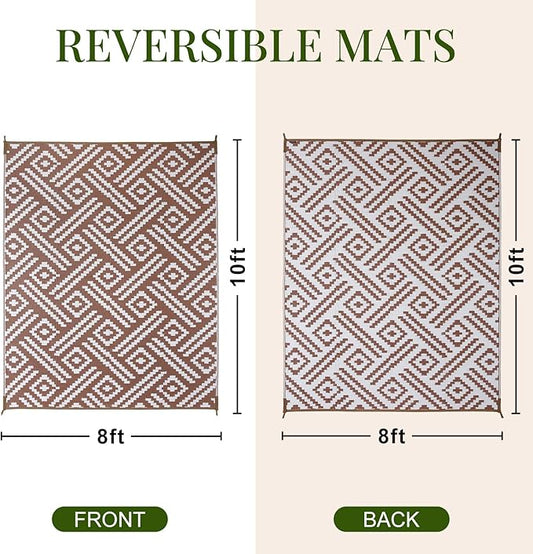 OPPODREAM Outdoor Rug 8x10 Patio Waterproof, Large Outdoor Plastic Straw Rug, Reversible Out Door Carpet for Camping, Deck, Rv, 8 x 10 Area Carpet for Balcony, Porch, Backyard, White and Brown