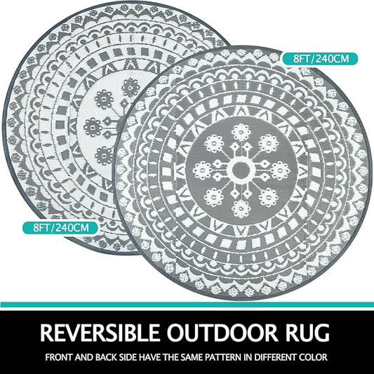 Capslpad 8Ft Round Outdoor Rug for Patios Clearance Reversible Mat Plastic Straw Patio Rugs Lightweight RV Camping Mat Circle Outside Area Rug Carpet for Balcony Deck Trailer Picnic BBQ, Grey