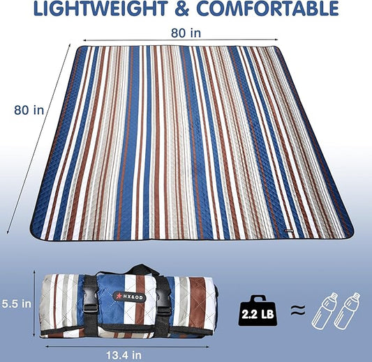 HX&OD Picnic Mat; Picnic Blanket; Waterproof Picnic Mat.(Dark Blue & Brown, 80”x 80”)