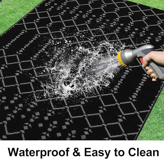 Smiry Outdoor Rug 6x9 ft, Waterproof Reversible Plastic Straw Rugs, Boho Outdoor Area Rug, Outside Floor Mat for Patio, Backyard, Deck, Picnic, Beach, Camping, Dark Grey