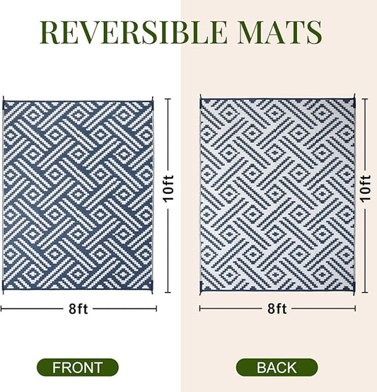 OPPODREAM Outdoor Rug 8x10 Patio Waterproof, Large Outdoor Plastic Straw Rug, Reversible Out Door Carpet for Camping, Deck, Rv, 8 x 10 Area Carpet for Balcony, Porch, Backyard, White and Navy Blue