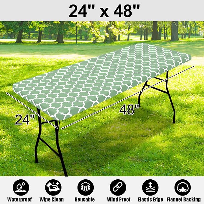 Smiry Rectangle Picnic Table Cover, Waterproof Elastic Fitted Camping Tablecloths for 4 Foot Tables, Wipeable Flannel Backed Vinyl Tablecloth Protector for Indoor, Outdoor (Sage Green, 24x48 Inches)