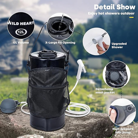 WILD HEART Camping Shower 22L/ 12L Portable Shower for Camping with Pressure Foot Pump and Hose - Solar Shower Bag Backpack for Camping, Road Trip & Outdoor Use