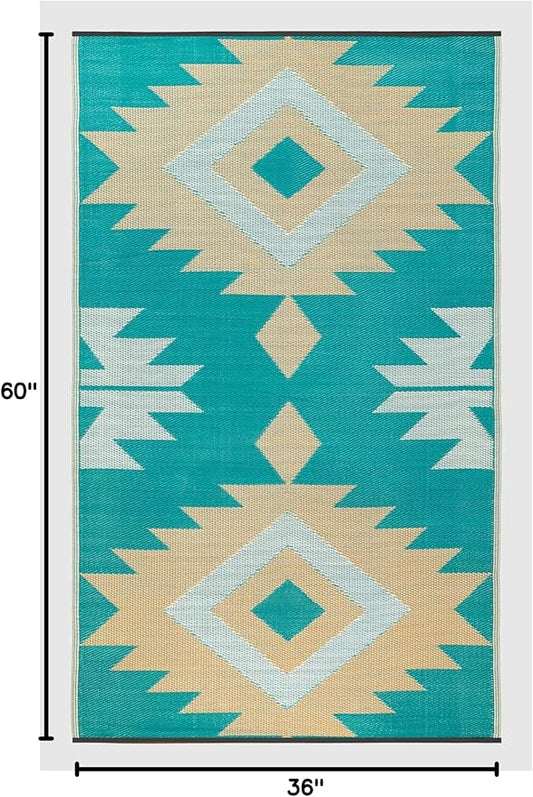 FH Home Outdoor Rug - Waterproof, Fade Resistant, Reversible - Premium Recycled Plastic - Geometric - Porch, Deck, Balcony, Mudroom, Laundry Room, Patio - Bursa Kilim - Teal Crease Free - 3 x 5 ft