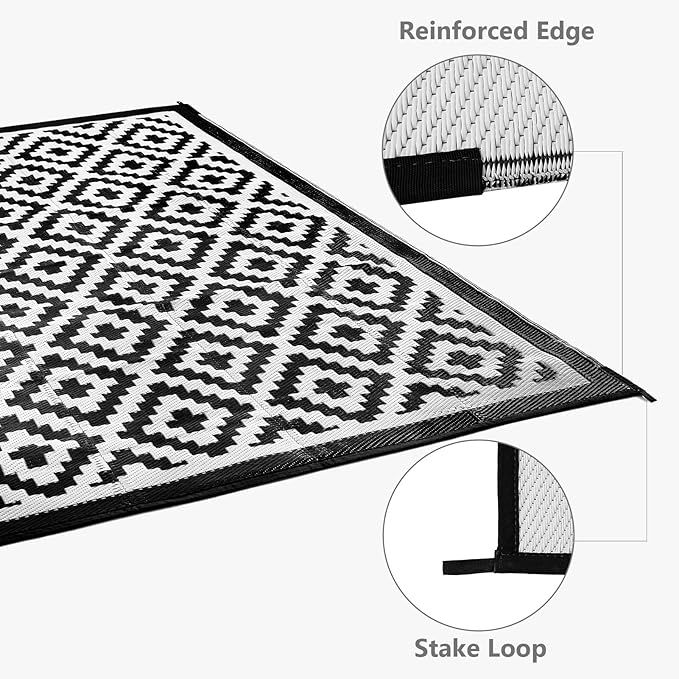 6x9 ft Outdoor Rug Waterproof, Plastic Straw Patio Carpet - UV Resistant Reversible Indoor Outdoor Rugs for Porch, Camping, Poolside, RV, Balcony, Easy to Clean, Black and White