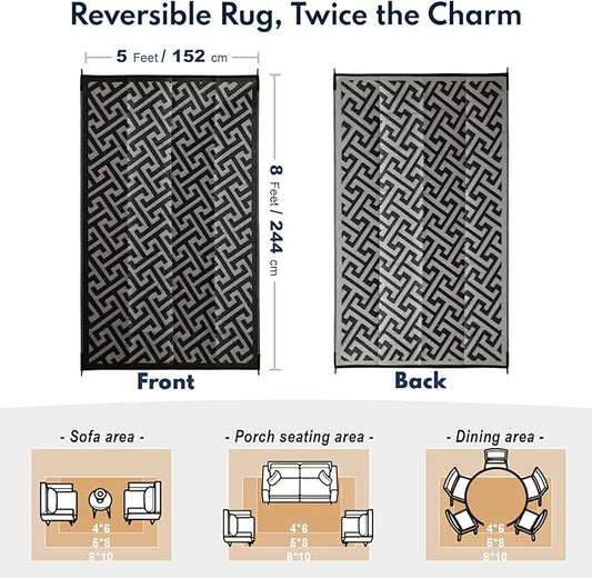 Waterproof Outdoor Rug 5x8 ft, Reversible Plastic Straw Rug, Easy to Clean Patio Rug, Portable Carpet for Patio, RV, Deck, Balcony, Backyard, Picnic, Beach, I-Shaped, Black