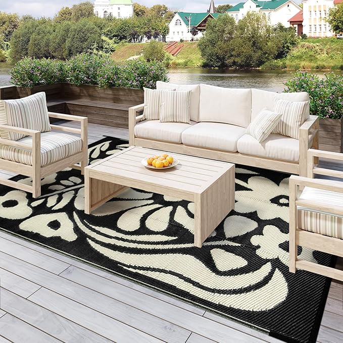 Wonnitar 6x9 Outdoor Rug, Waterproof Plastic Straw RV Outdoor Rugs, Reversible Large Portable RV Camping Rugs, Outsided Abstract Flower Patios Area Rug for Deck Backyard Balcony (Black & White, 6'x9')