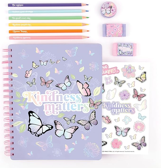 Three Cheers for Girls - Butterfly All-In-1 Sketchbook Set - Girls Diary, Journal, Sketch Book for Kids w/ Pencils, Stickers & More - Drawing Kit for Kids - Unlined Diary for Girls - Kids Sketch Pad