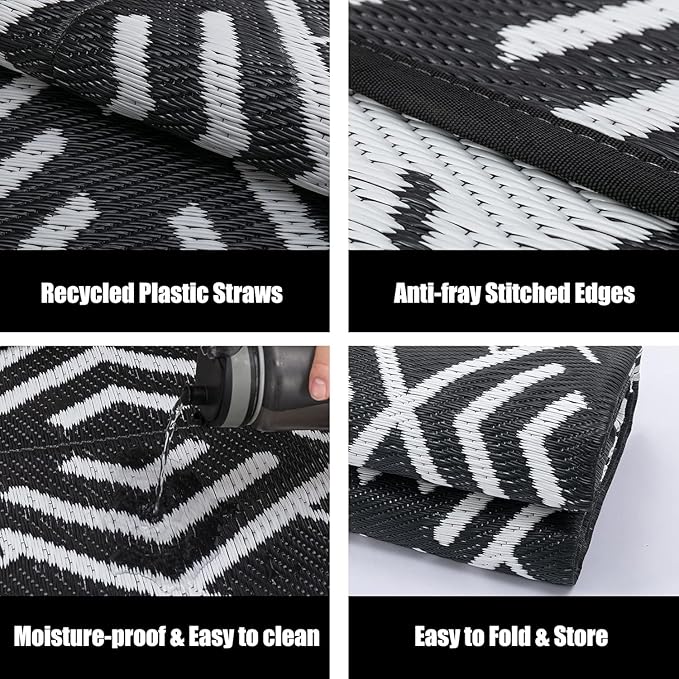 RV Outdoor Rug Waterproof Mat Outdoor Rugs 8'x10' for Patios Clearance Carpet Outdoor Camping Rugs Large Plastic Straw Rug(8x10ft Geometric Black&White)