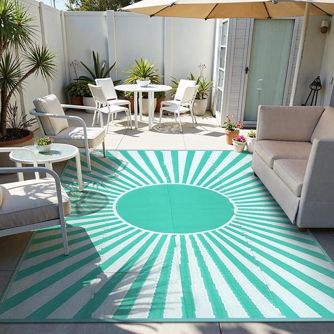 Wonnitar Waterproof 9x12 Outdoor Rug - Outdoor Plastic Straw Rug for Patio, Lightweight Extra Large RV Outside Camping Carpet, Portable Mat for Garden Balcony Beach (Blue-Green, 9'x12')