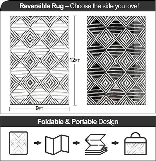 Waterproof Outdoor Rug 9x12ft, Foldable Reversible Plastic Straw Mat for Patio RV Deck Porch Backyard Balcony Camping Picnic Beach Indoor Outdoor Carpet, Black&White