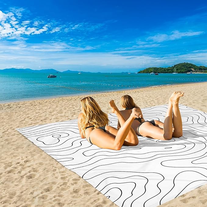 110''×118'' Oversized Beach Blanket for 4-8 Adults, White Waterproof Sandproof Picnic Blanket, Lightweight Foldable Sand Free Outdoor Mat w/ 4 Stakes & Portable Carry Bag for Travel, Camping, Hiking